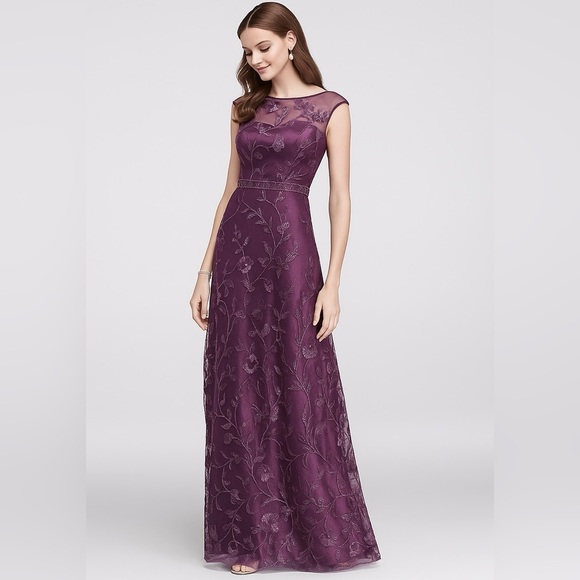 NWT! Emma Street Floral-embroidered Illusion Ball Gown in Eggplant - Size 4 - Picture 1 of 15